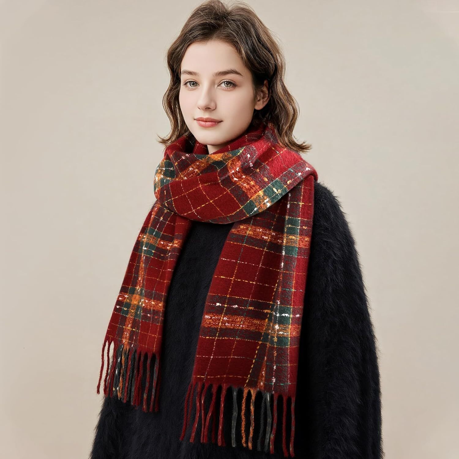 Custom Womens Winter Scarf, Cashmere Feel Plaid Scarfs for Women, Soft Pashmina Shawls and Wraps, Long Blanket Scarf