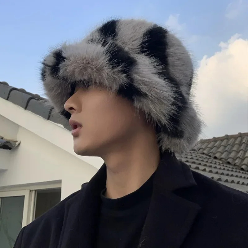 Winter Men Zebrastripe Faux Fur Bucket Hat Fashion Fluffy Plush Fisherman Bob Women Soft Warm Furry Thick Basin Hats Panama 251013