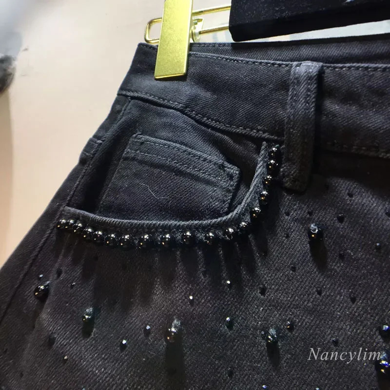 European 2025 Hollow Lace Jeans Women Summer Black Lace Denim Pants Heavy Industry Beads Diamond Denim Splicing Crochet 251029