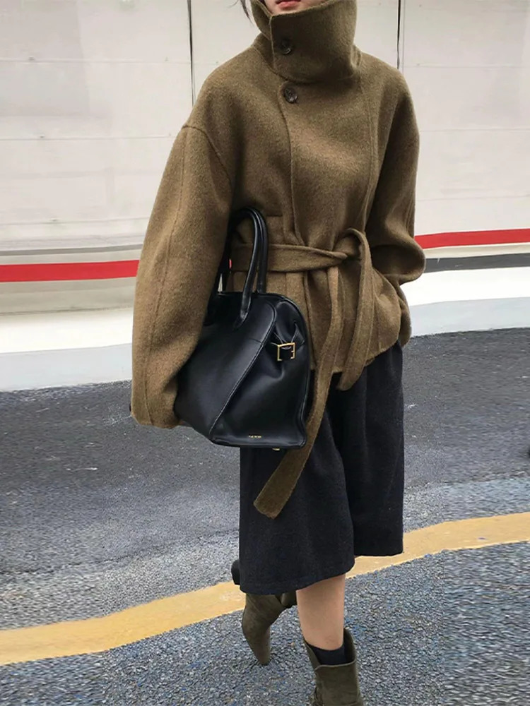 Elegant Womens Belt Stand Collar Woolen Coat Chic Single Breasted Full Sleeve Jacket 2025 Autumn Winter Lady Commute Streetwear 251029