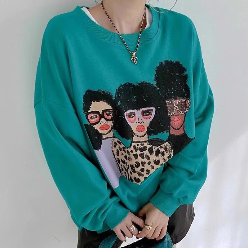 Designer Fashion Autumn/Winter Retro Personalized Round Neck Cartoon Printed Design Loose New Multi functional Long Sleeve Wool Women's Sweatshir