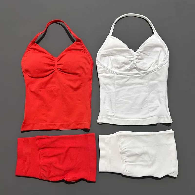 No 2 Pies Sports Set Women Backless Tank Yoga Tops High Waist Scrunch Seamless Shorts Sport Gym Set Sportswear Workout SetXJ251029