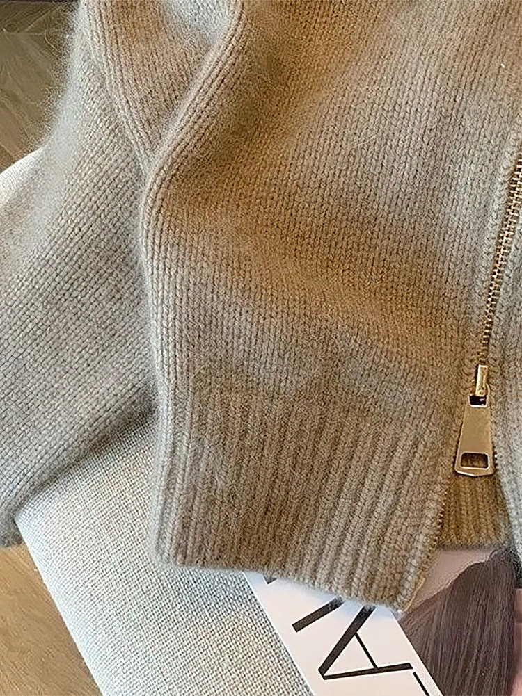 Patchwork Zipper Cropped Cardigan Women 400g Thick Autumn Knitted Sweater Bomber Jacket Vintage 2000s Short Fitted Knitwear Coat 251029
