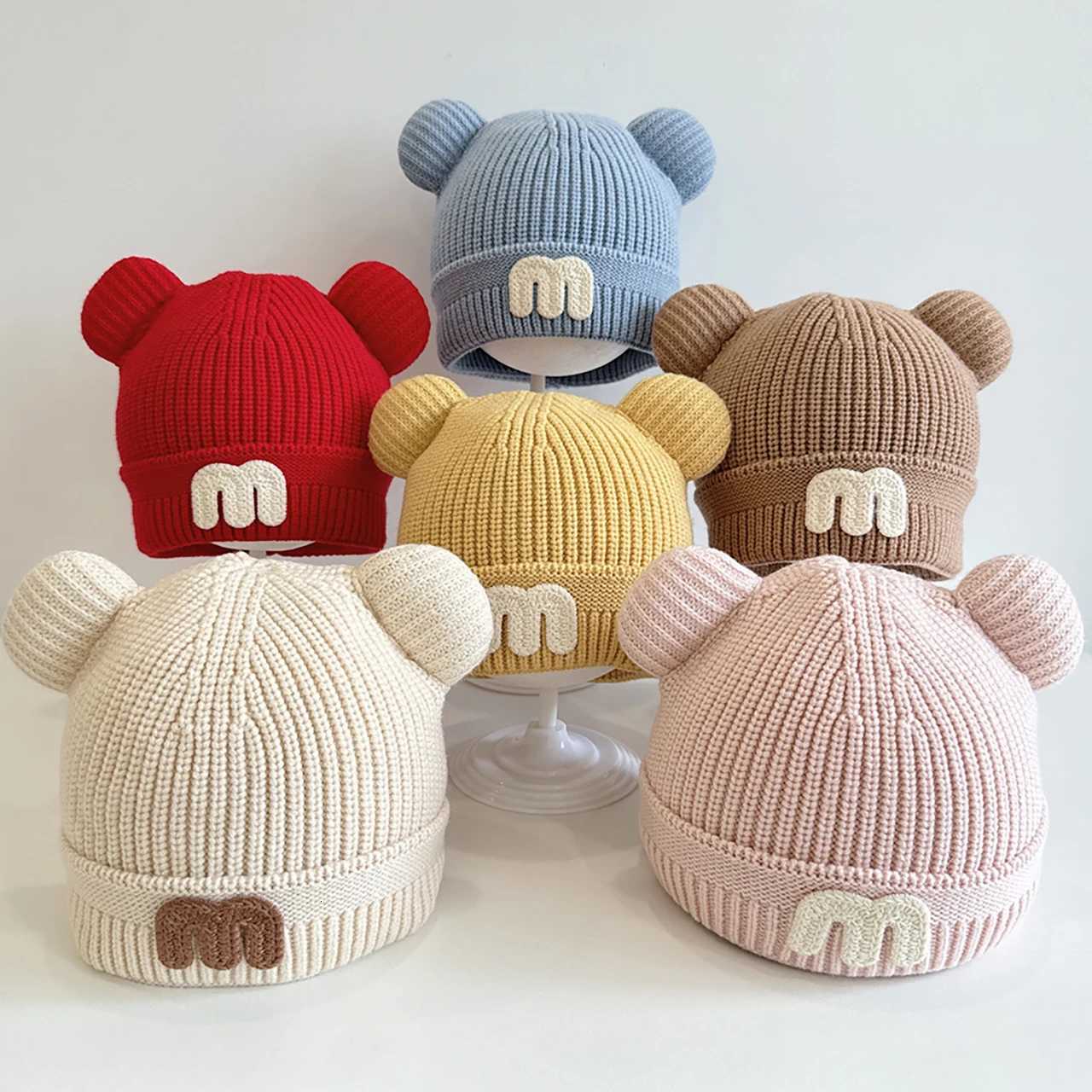 Solid Color mLetter Baby Knitted Hat Thick Warm Autumn Winter Beanie Outdoor Coldproof Kids Boys Girls Pullover Cap251028