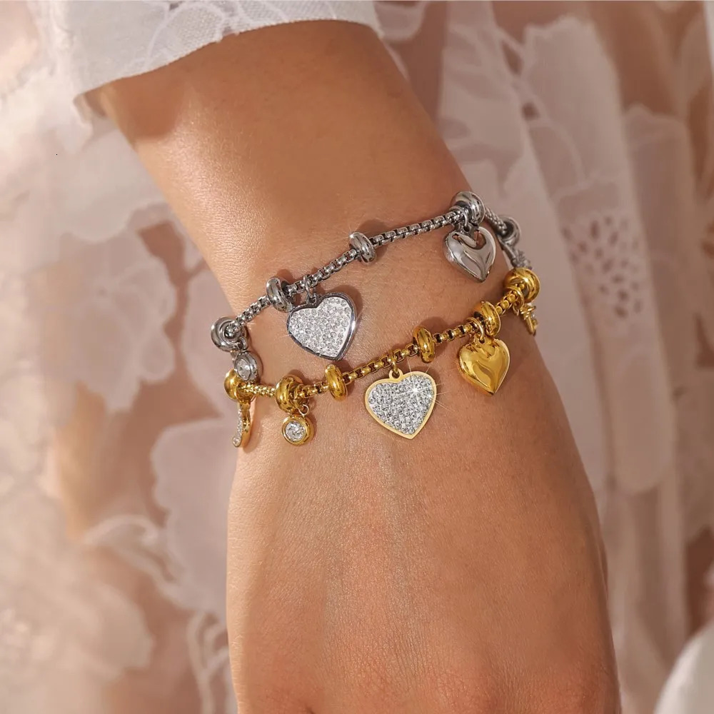 316L Stainless Steel Heart Charm Bracelets For Women 18k Gold Plated Various Pendants With Shining Zircon Womens Hand Bracelet 251028