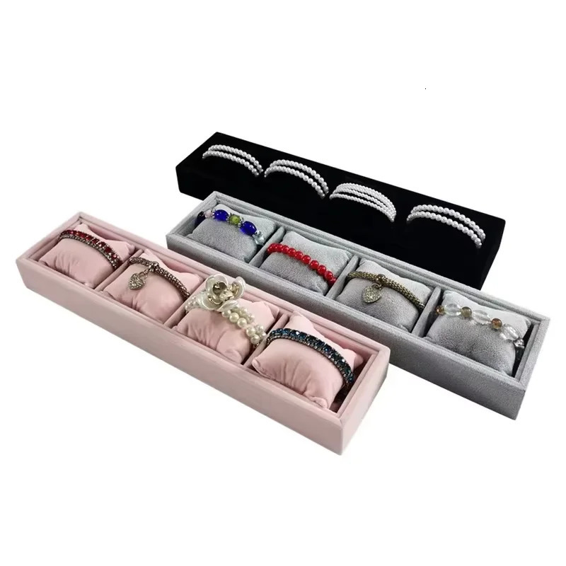4 Grids Bamboo Wood Velvet Jewelry Organizer Display Tray with Soft PillowNecklaces Bracelet Bangle Watches Storage Holder 251013