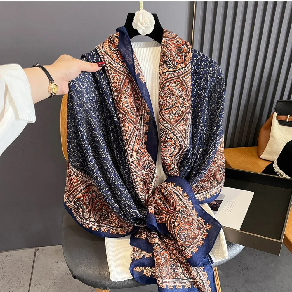 180x90cm Chain Print Shawl Womens AutumnWinter CottonLinen Large Scarf Warm and SunProtective Necktie 251013