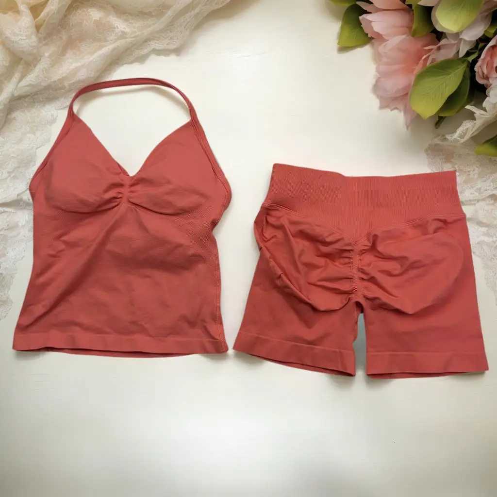 2Pcs Gym Set Women Backless Tank Waist Shorts Gym Suit Fitness Scrunch Seamless Clothes Activewear Workout Set NoXJ251029