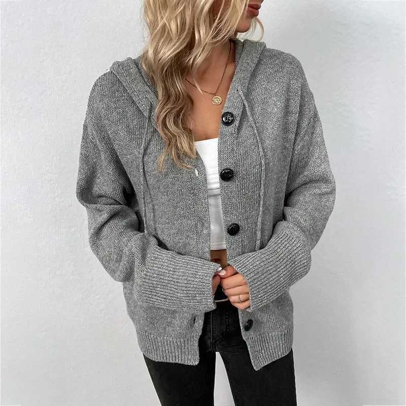 Women Knit Hooded Sweater Coat Single Breasted Thick Cardigan Solid Casual Splice Jumpers Full Sleeve Regular Winter 2024T251028