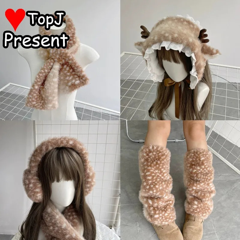 Gothic Lolita Women Cosplay Cute Christmas Elk Plush Hairband Scarf Autumn and Winter Warm Deer Ear Antler Ear Protection Hat 251029
