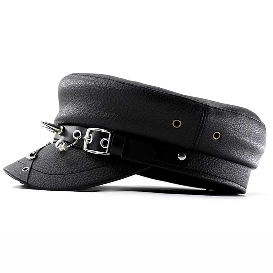 Womens Trendy Beret Black Pu Leather Flat Top Captain Military Caps Womens Accessories