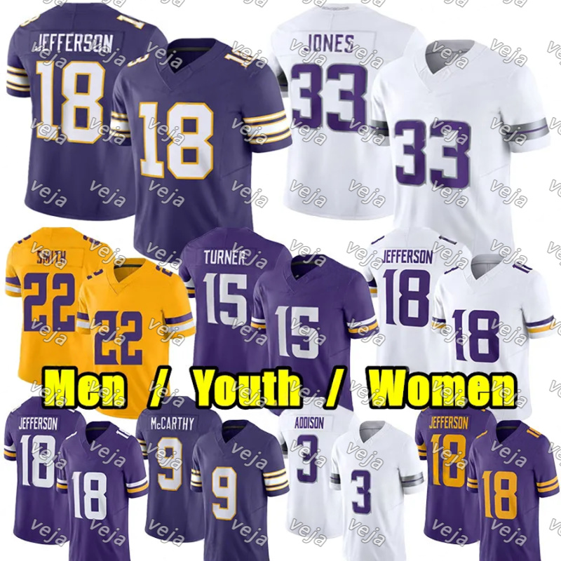 J.J. McCarthy Justin Jefferson Football Jersey Mason Aaron Jones T.J. Hockenson Addison Andrew Van Ginkel Randy Moss Harrison Smith Adam Thielen Jared Allen Tai Felton