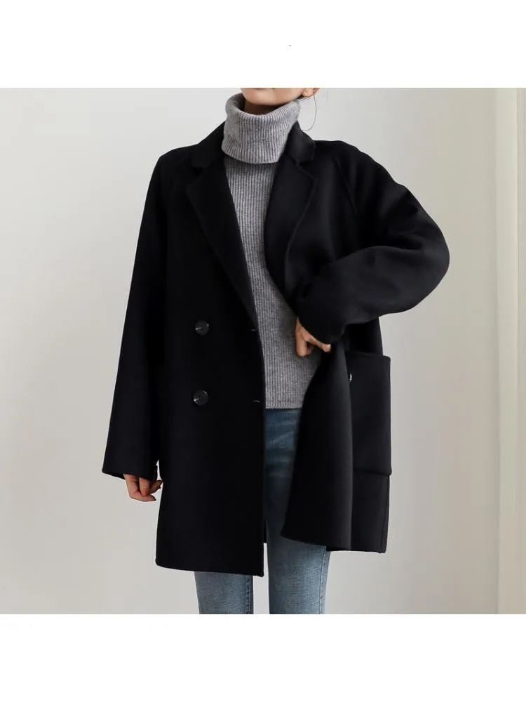 Autumn Korean Style Double Breasted Simple Black 100 Wool Coat Women Long Loose Suit Woolen Overcoat Jacket 251028