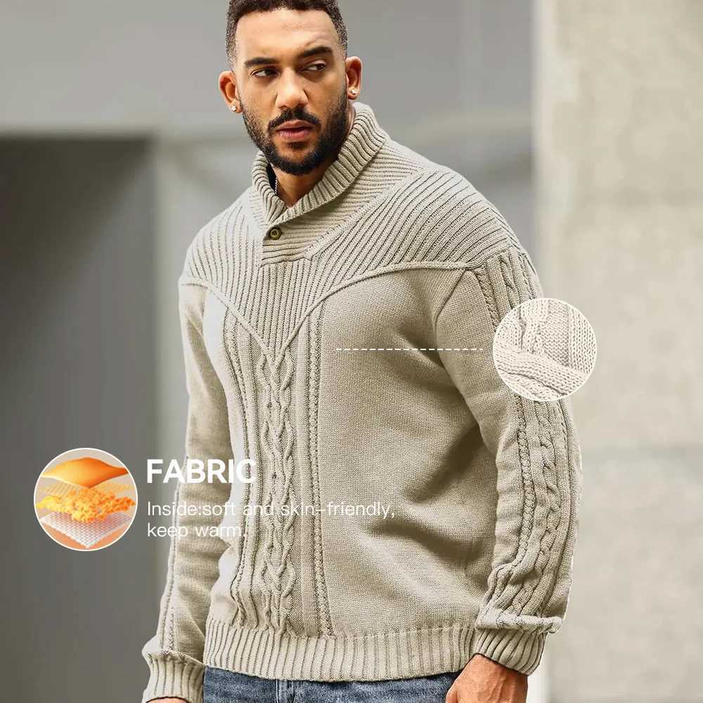 Mens Sweater Winter Shawl Collar Pullover Sweater Casual Cable Knit Button Sweaters Woolen Solid Color Fleece Tops US Size J251029