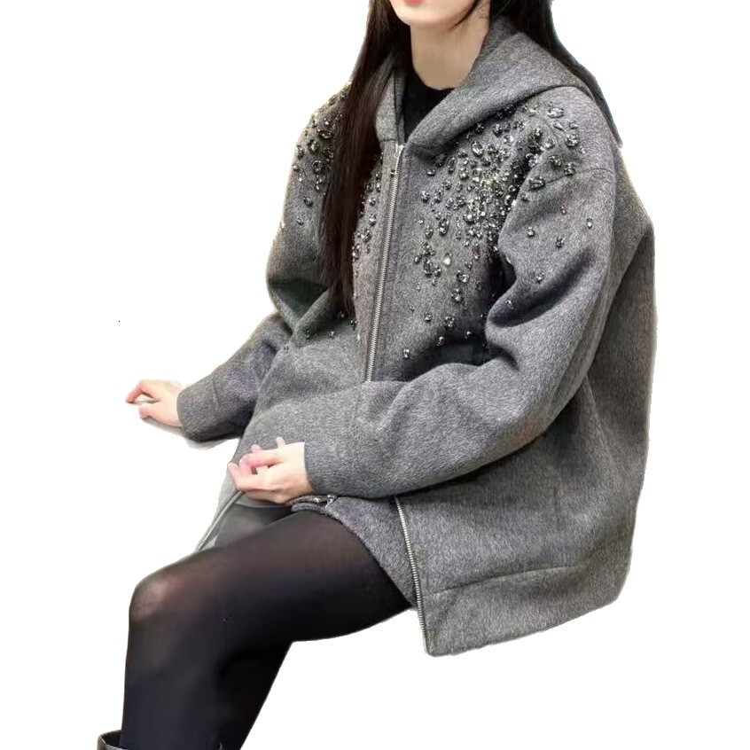 New autumn and winter designer heavy-duty craft diamond inlaid double-sided hooded sweatshirt jacket suitable for women's fashionable hooded swea