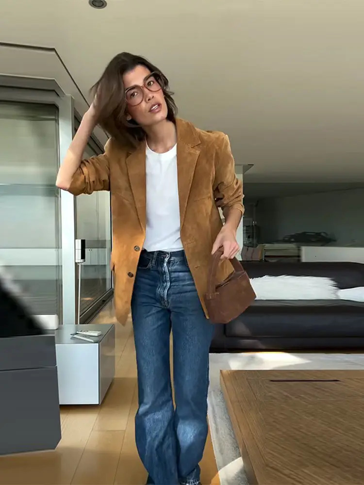 Vintage Suede Single Breasted Female Jackets Chic Long Sleeve Lapel Coats for Women Spring Lady Outerwear High Street 251021