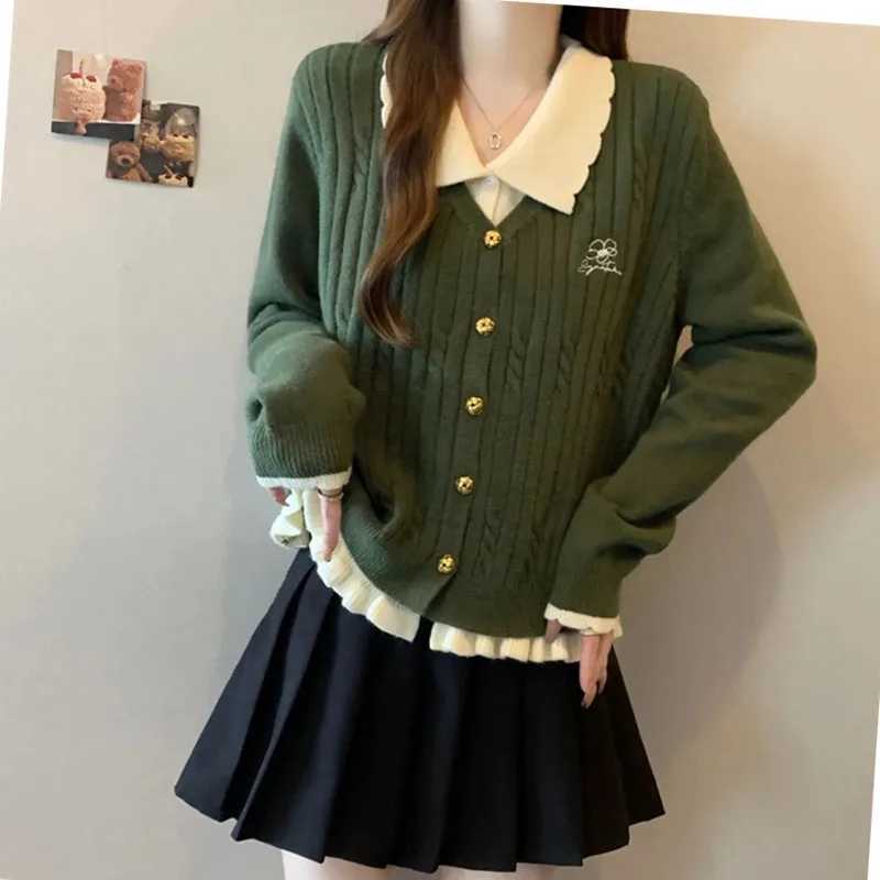 2025 Autumn New Sweater Cardigan Womens Fashion LongSleeved Fake Two Pieces Casual Allmatch Warm Knitwear Female SweaterT251028