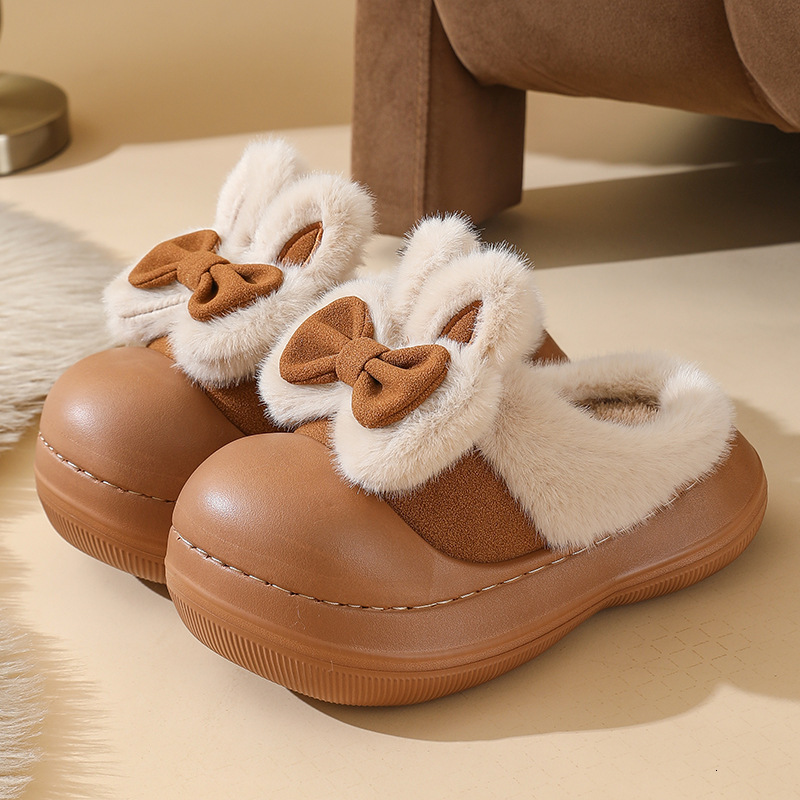 Cute bow cotton slippers for autumn and winter, anti-slip for indoor home wear, thick-soled ins wool slippers
