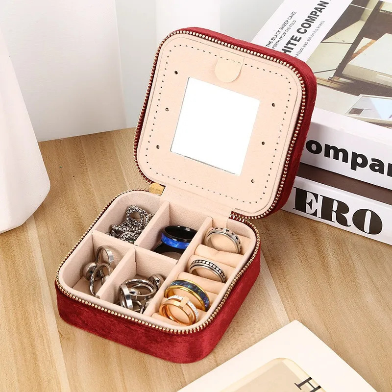 1pc Multifunction Velvet Mini Jewelry Storage Box With Mirror Portable Necklace Earring Ring Zipper Square Display Case 251013