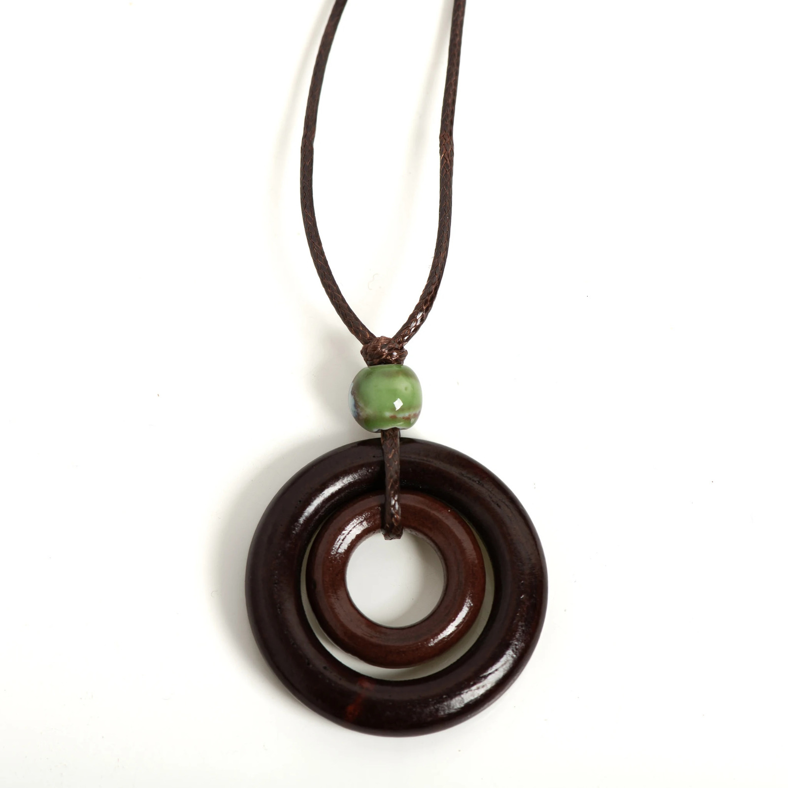 Handmade Wooden Circle Ceramic Pendant Necklace Adjustable Cord Unique Bohemian Jewelry for Men and Women 1 Piece S001160 251029