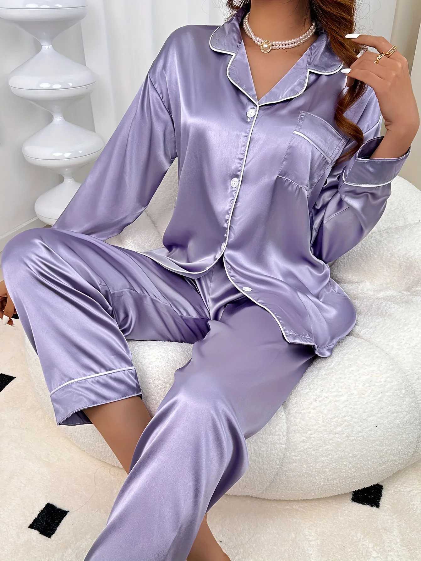 Ladies autumn and winter solid color imitation silk comfortable and elegant purple pajamas womens long sleeved home suit setT251029