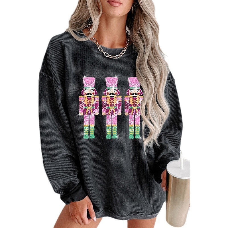 Autumn new pullover round neck long sleeved women's top, European and American fashion trend designer sequin patch loose women's sportswear