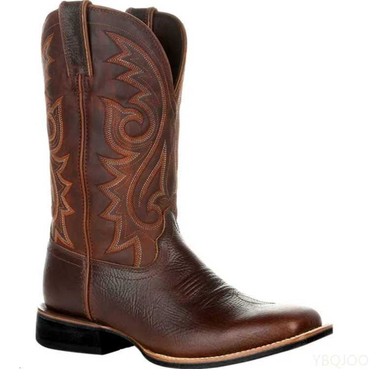 Men Boots Mid Calf Western Cowboy Motorcycle Boots Male Autumn Outdoor PU Leather Totem MedCalf Boots Retro Designed Men Shoes Z251029