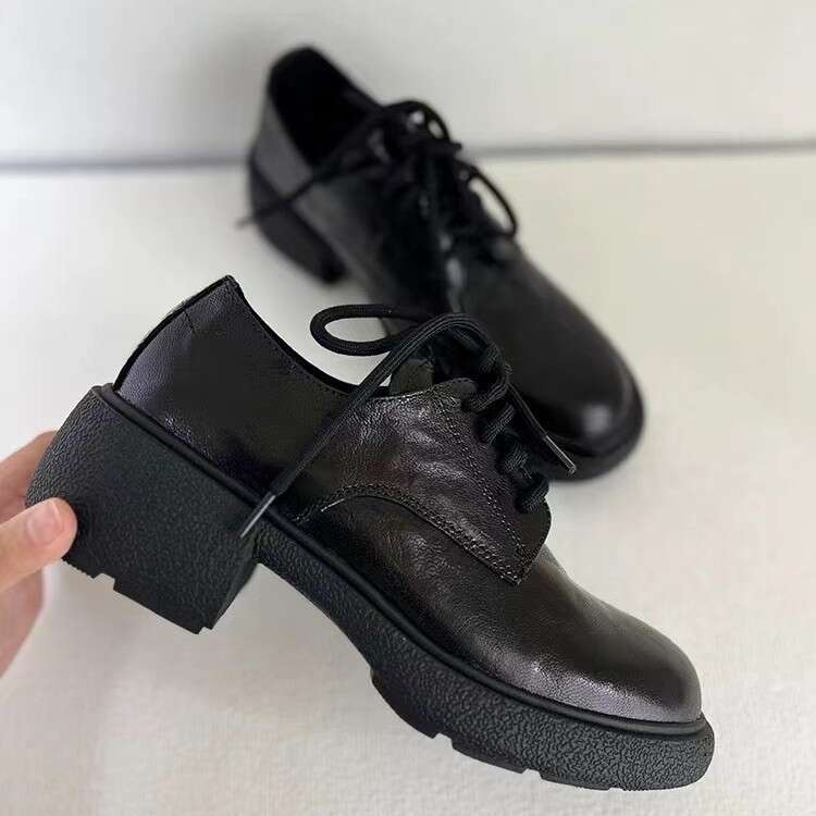 Round Toe British Style Lace-up Genuine Leather Thick Designer Shoe Black Commuter Loafers Chunky Heel Single Shoes for Women