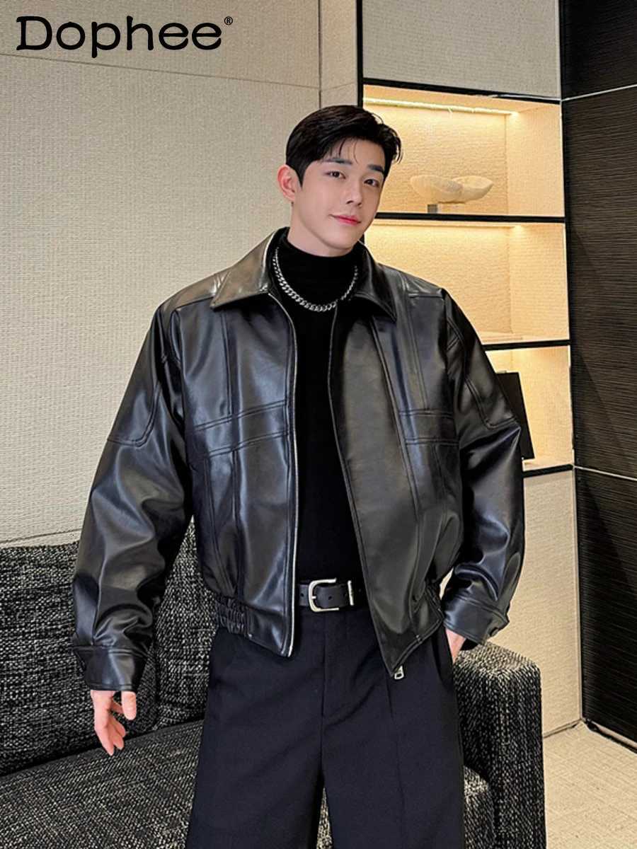 2024 Autumn Winter New Highend Handsome Locomotive Leather Jackets Mens Short Windproof Longsleeve Faux Leather Cotton JacketT251029