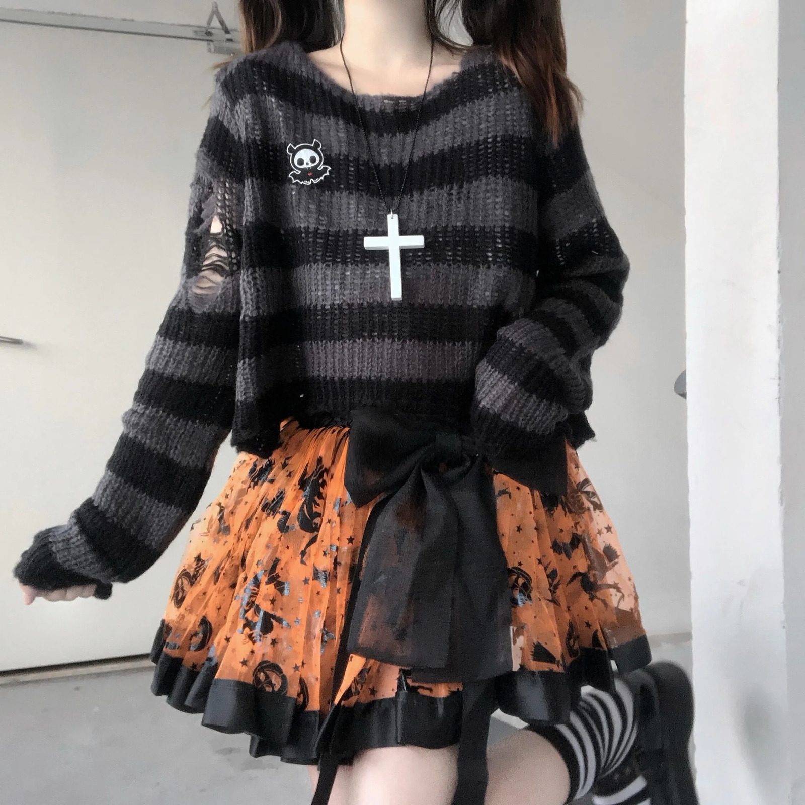 Karrram Pink Striped Gothic Sweaters Women Ripped Holes Loose Knitted Pullover Frayed Fairy Grunge Jumpers Emo Streetwear Lolita 251029