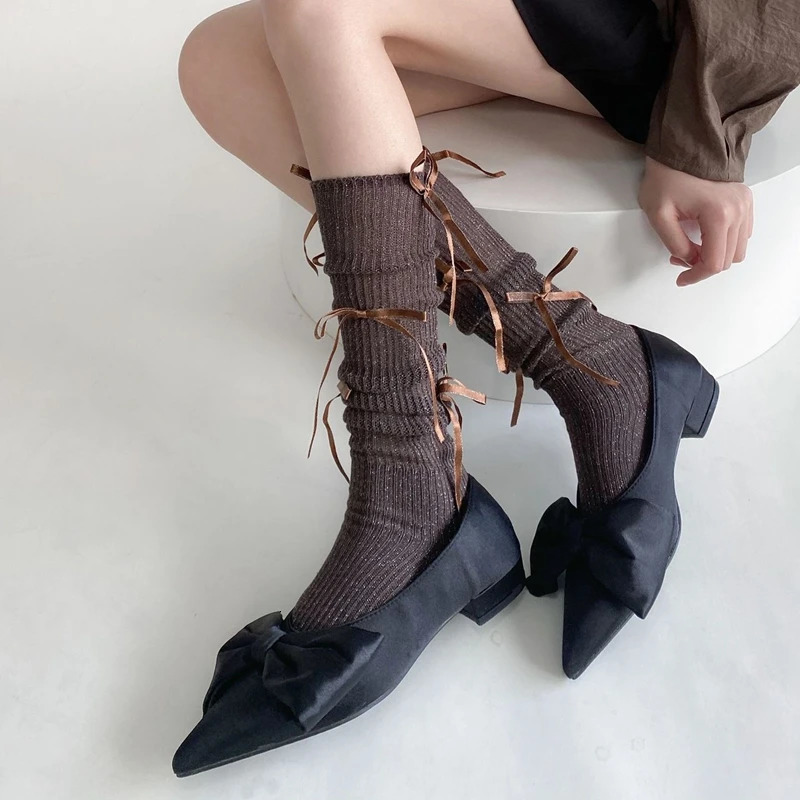 Ballet Style Multi Bowknot Womens Socks Fashion Cotton Elastic High Tube Female Sock Sweet Lolita Bow Calf Socks Solid Colors 251029