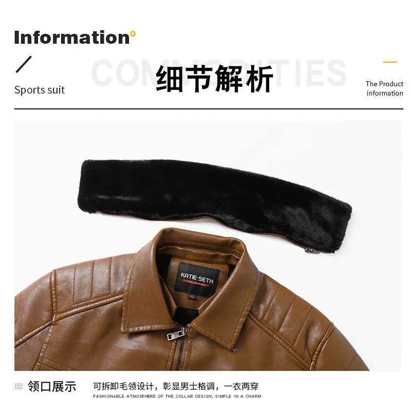 Mens Leather Jacket New Lapel Fur Collar Removable Mens Pu Leather Biker Jacket Plus FleeceT251029