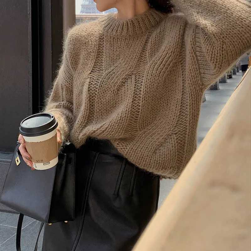 Coarse Yarn Knitted Sweater for Women Autumn Winter Lazy Style Stretch Twist Pullovers Vintage Solid Color ONeck Jumpers Mujer J251029