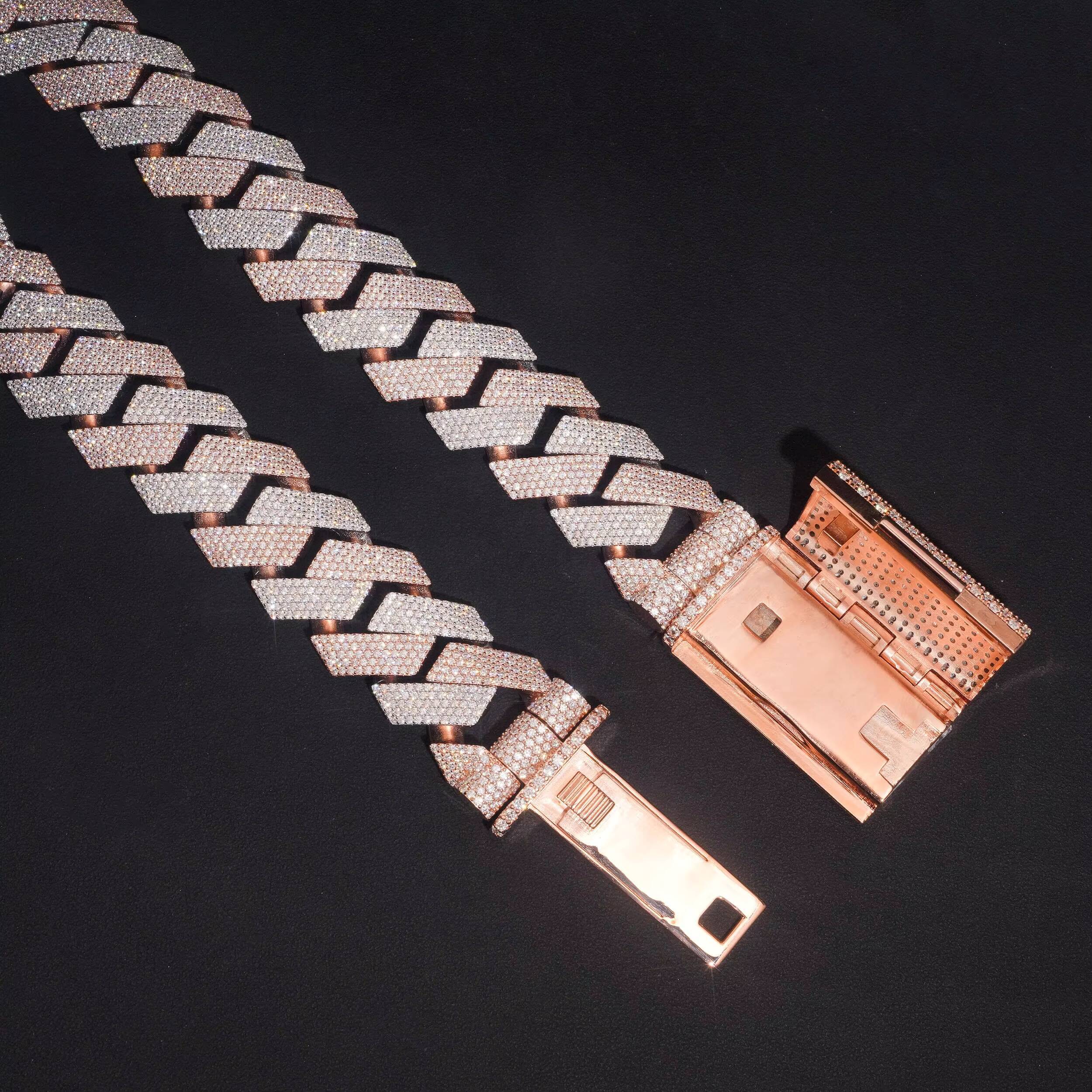 Hip Hop Solid Silver 925 Rose Gold Two Tone Big Cuban 24MM Iced Out VVS Moissanite Cuban Chain Necklace