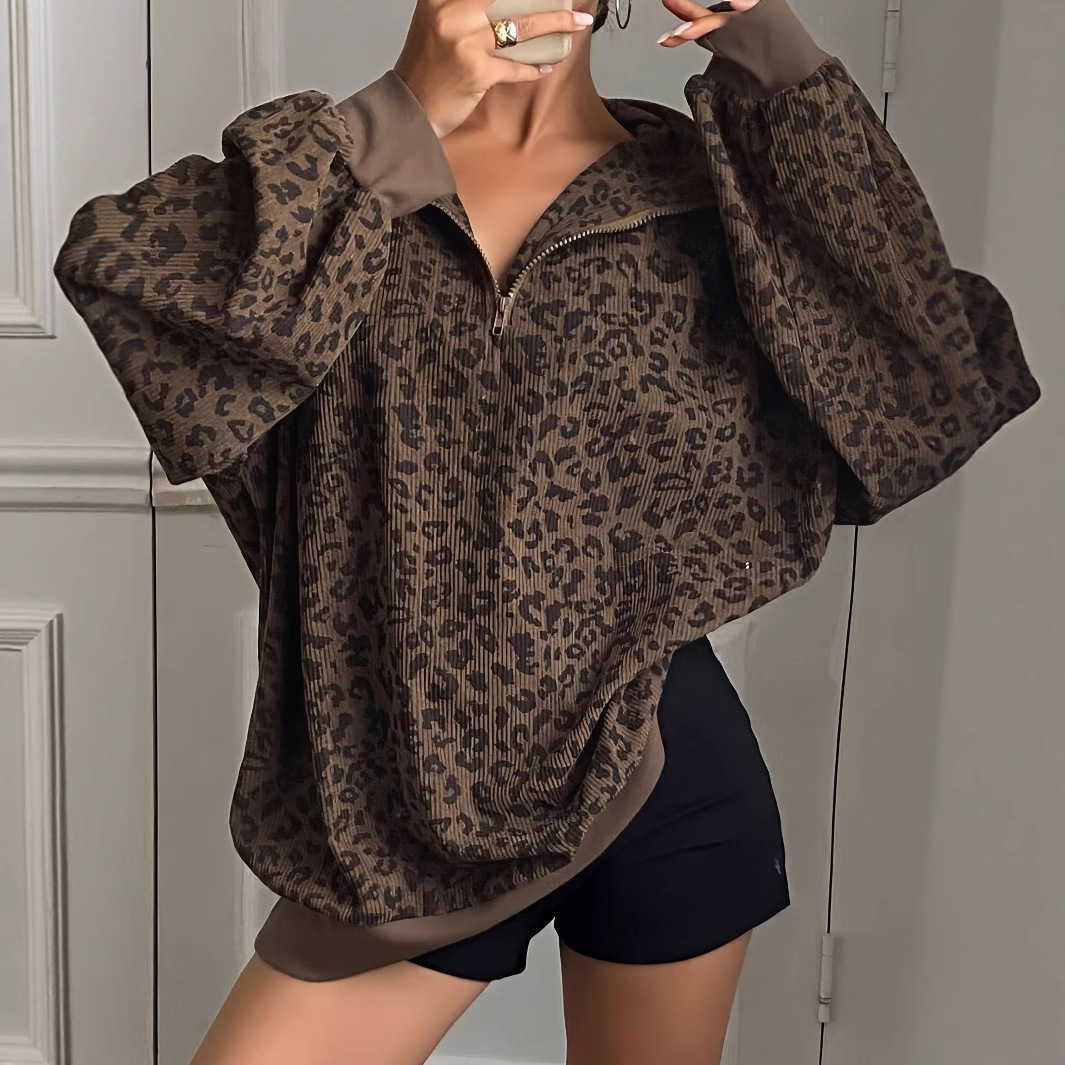 European and American designers retro leopard print stand up collar women's stand up collar jacket early autumn new loose medium sports shirt tre