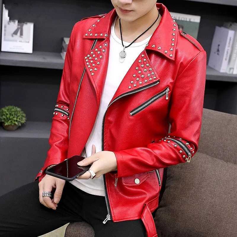 Personality Men Rivet Leather Jacket Fashion Punk Zipper Motorcycle Coat Teenager Nightclub Casual Pu Leather Lapel Slim JacketT251029