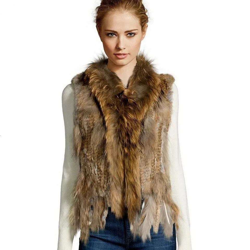 ZDFURS high quality knitted rabbit fur vest raccoon dog fur collar knitted vest rabbit fur waistcoat ZDKR165005 251029