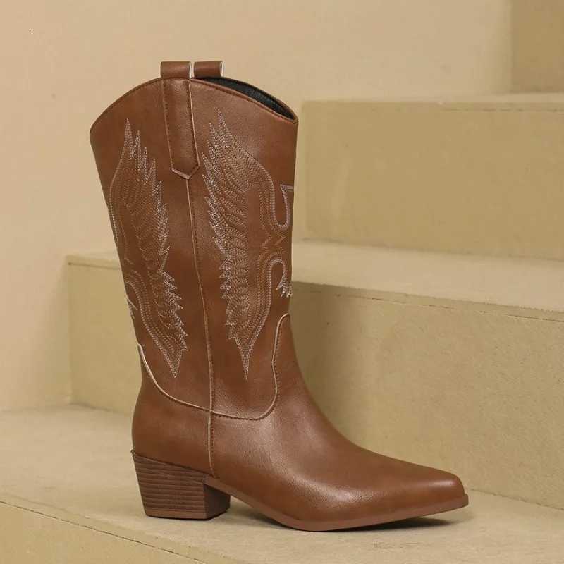 Highquality Fashion Womens Boots Pointy Womens Midcalf Boots with Sleeves Embroidered Western Cowboy Boots Botas Para Mujer Z251029