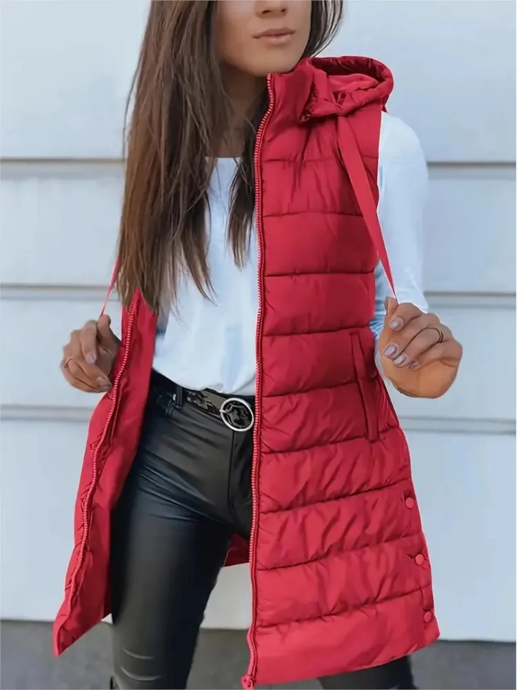 Casual Solid Color Hooded Zipper Vest Jacket For Womens Autumn Winter With Cotton Patchwork Slit Warmth Thickened Female 251027