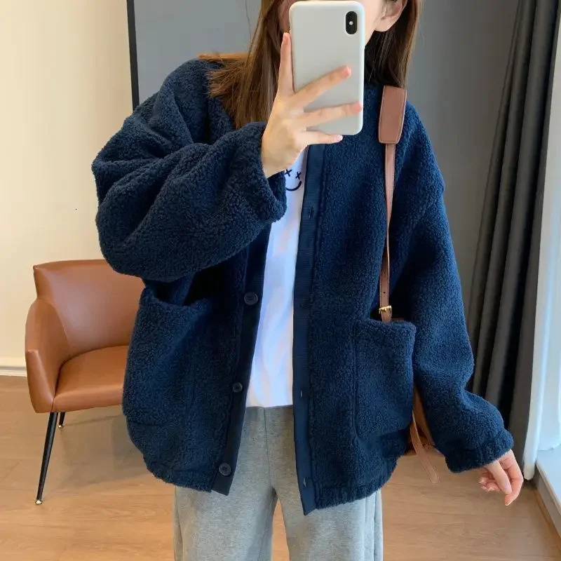 Lamb Velvet Baseball Jacket Womens Thickened Loose Outerwear Korean Style Autumn Winter Arrival Fashionable Coat 251029