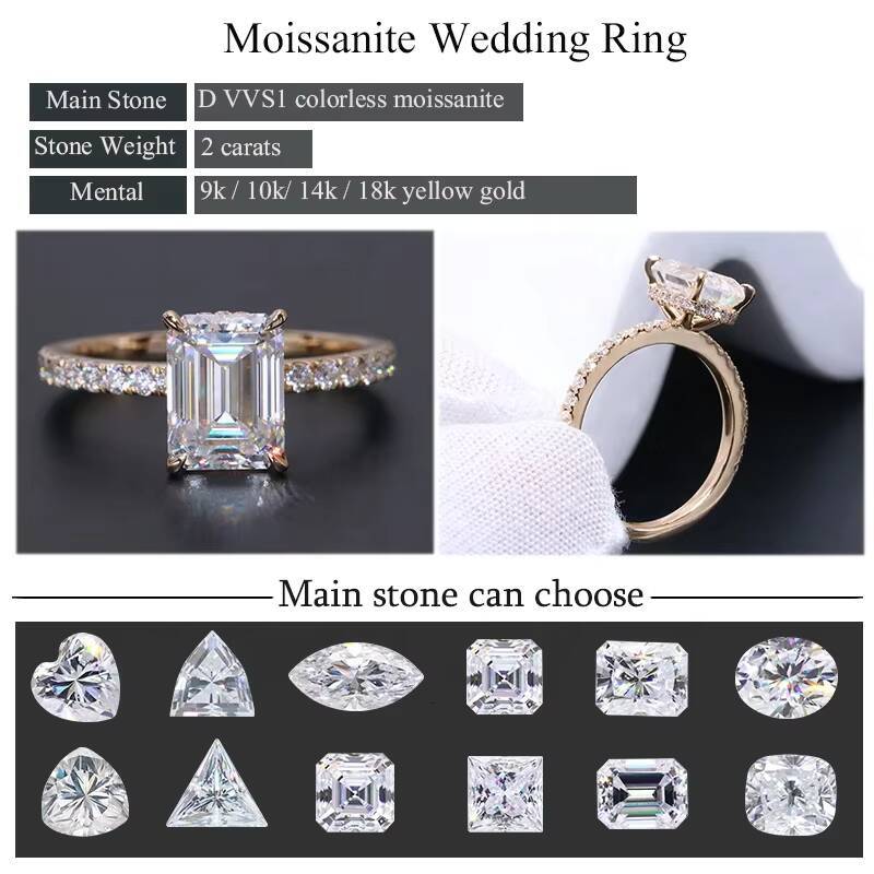 14K Solid Gold Jewelry 18K Gold Moissanite Ring Wedding Ring 2carat 6x8mm Emerald Cut Moissanite Engagement Ring for Women