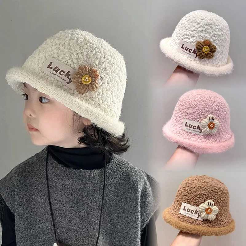Winter Warm Baby Knitted Bucket Hat Sweet Crochet Flower Girls Curled Fisherman Hats 28Year Children Thicken Woolen Basin Cap251028
