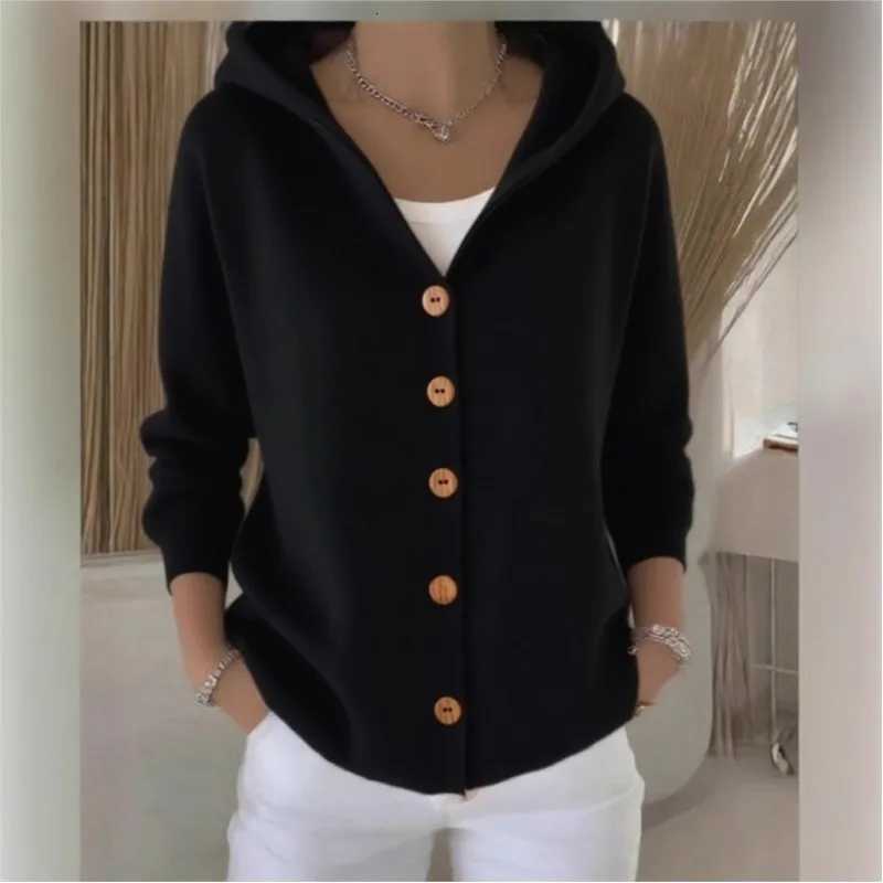 Solid Color Button Knit Hooded Sweater Cardigan Jacket For Autumn Winter New Casual Fashionable Womens Clothing Pulls FemmesT251028