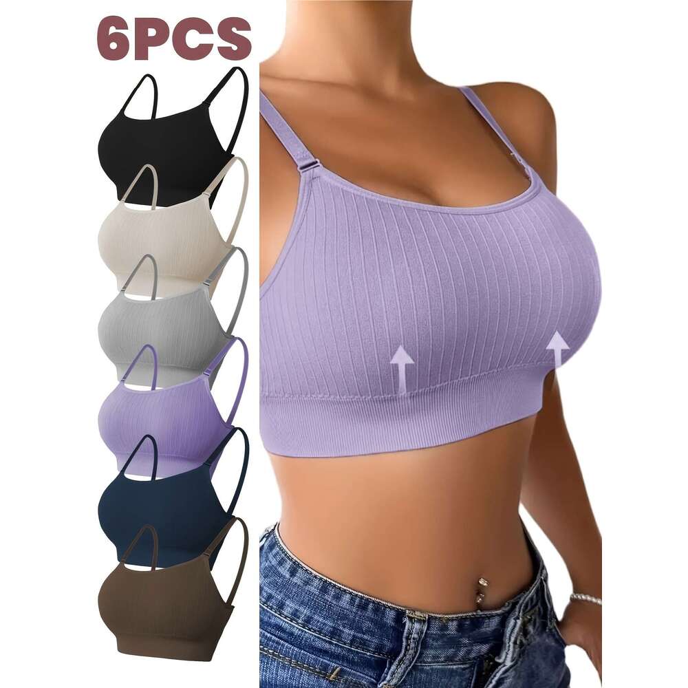 6pcs Women's with Adjustable Straps & Removable Padded Cups Non-Padded Black, White, Grey, Navy, Brown, Purple Seamless Design, Options, Comfort 