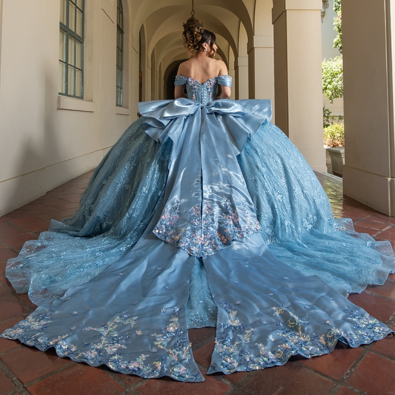 Sky Blue Shiny Quinceanera Dresses Off The Shoulder Sequin Applique Lace Beads Bow Tull Party Birthday Sweet 16 Dress Vestidos 15 de anos