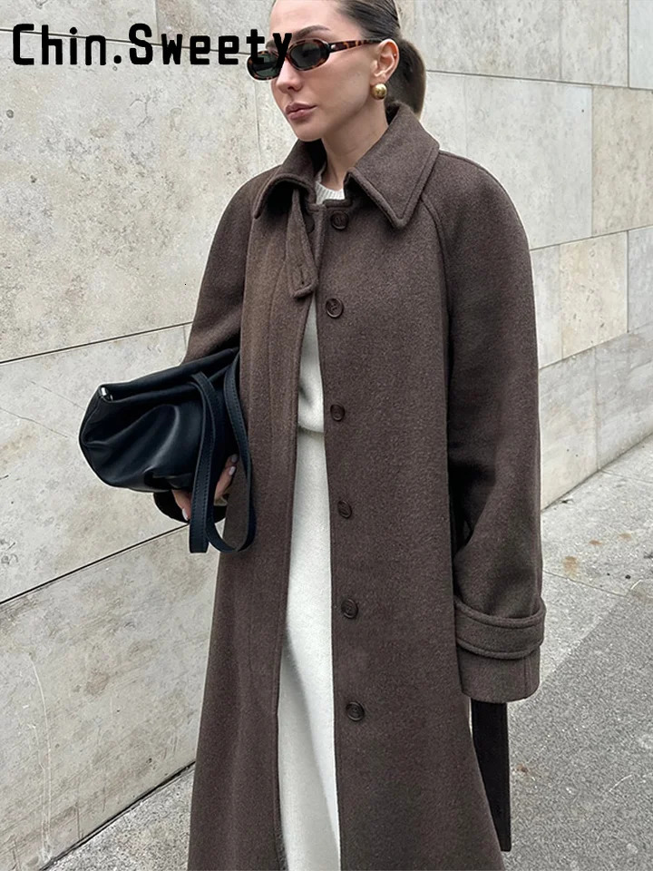 Elegant Brown Lapel Long Woolen Coats Women Stand Collar Hidden Single Breast Lace Up Coat 2025 Autumn Winter Lady Thick Jackets 251029