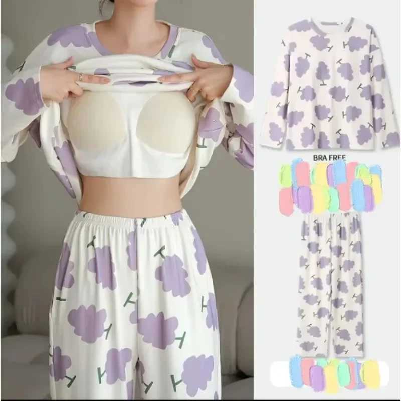 2PCSSet Women Big Size with Chest Pads Pajamas Spring Autumn and Winter LongSleeved Headset Loose Homewear Can Be Worn OutsideT251029