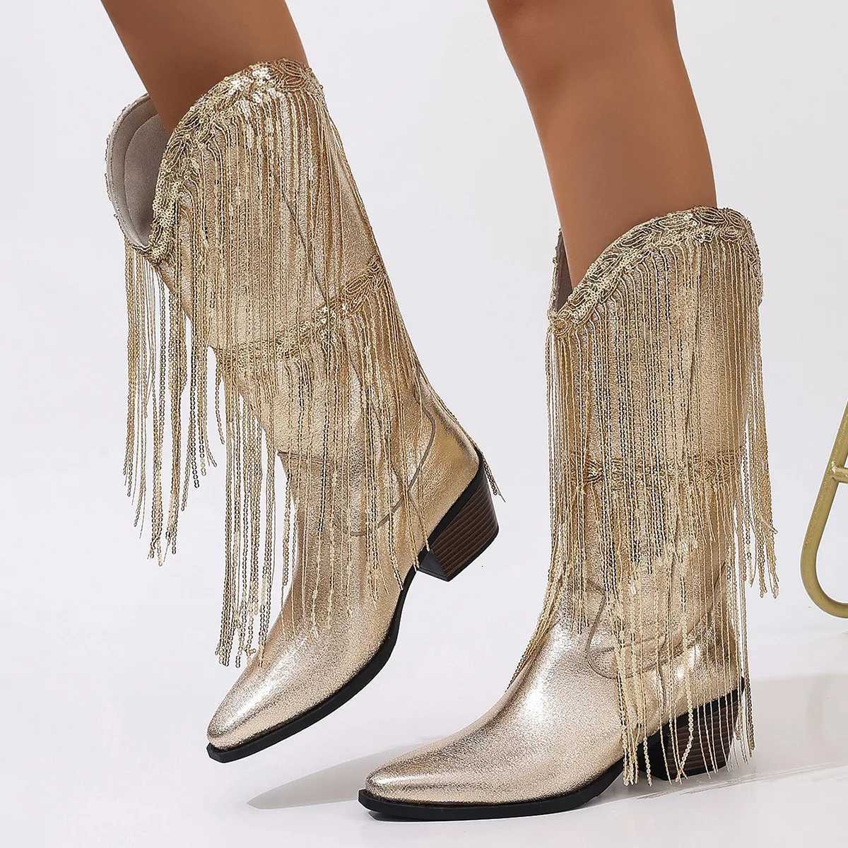 Women Vintage Brown Western Cowboy Boots Autumn Winter Tassel PU Leather Ankle Booties Ladies Pleated Highheeled Midcalf Boot Z251029