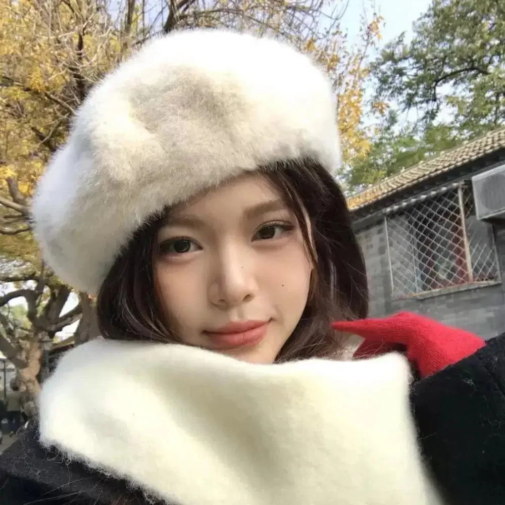 Sweet Faux Rabbit Fur Beret Hat Women Autumn Winter Thicken Keep Warm Furry Flush Artist Flat Cap Solid Color Painter Hats 251029