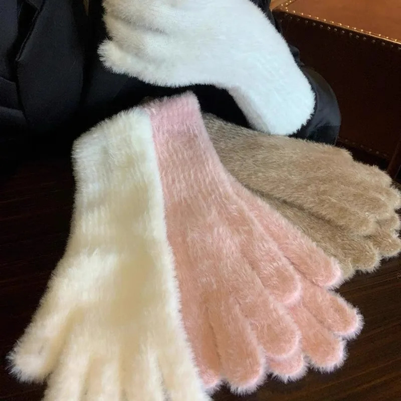 Sweet Mink Wool Long Gloves Women Winter Thicken Knitted Warm Short Fluffy Plush Mittens Protective Arm Anticold Outdoor Gloves 251029